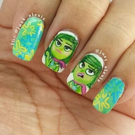 Inside Out Nails, Inside Out Disgust, Funny Nails, Artsy Nails, Nail Art For Kids, 4th Birthday Cakes, Nail Time, Polish Art, Mindy Kaling