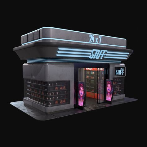 Cyberpunk House Concept Art, Cyberpunk Convenience Store, Cyberpunk Store, Cyberpunk Props, Cyberpunk House, Cyberpunk Building, Scifi Building, D20 Modern, Sci Fi Building