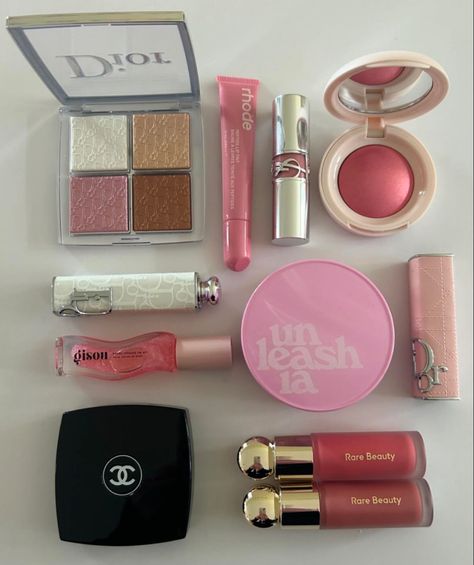 #pink #makeup #makeupoftheday #makeuplover #dior #chanel #chanelmakeup #gisou #rarebeauty #aesthetic #lipoils #lipstick #lipgloss #blush Chanel Pink Lipstick, Pink Makeup Products Aesthetic, Chanel Makeup Aesthetic, Dior Makeup Aesthetic, Pink Makeup Aesthetic, Wish Makeup, Chanel Blush, Dior Blush, Chanel Cosmetics