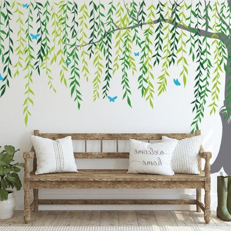 nursery wall decor Weeping Willow Wall Mural, Willow Tree Mural, Flower Mural Bedroom, Tree Murals On Wall, Plant Mural Wall, Leaf Wall Decals, Willow Tree Art, Birch Tree Wall Decal, Tree Decal