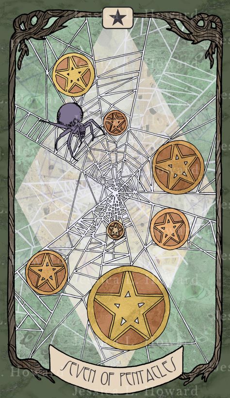 Seven Of Pentacles, Pentacles Tarot, Tarot Magic, Oracle Tarot, Pentacles, Tarot Cards Art, Rider Waite, Tarot Art, Art Nouveau Style