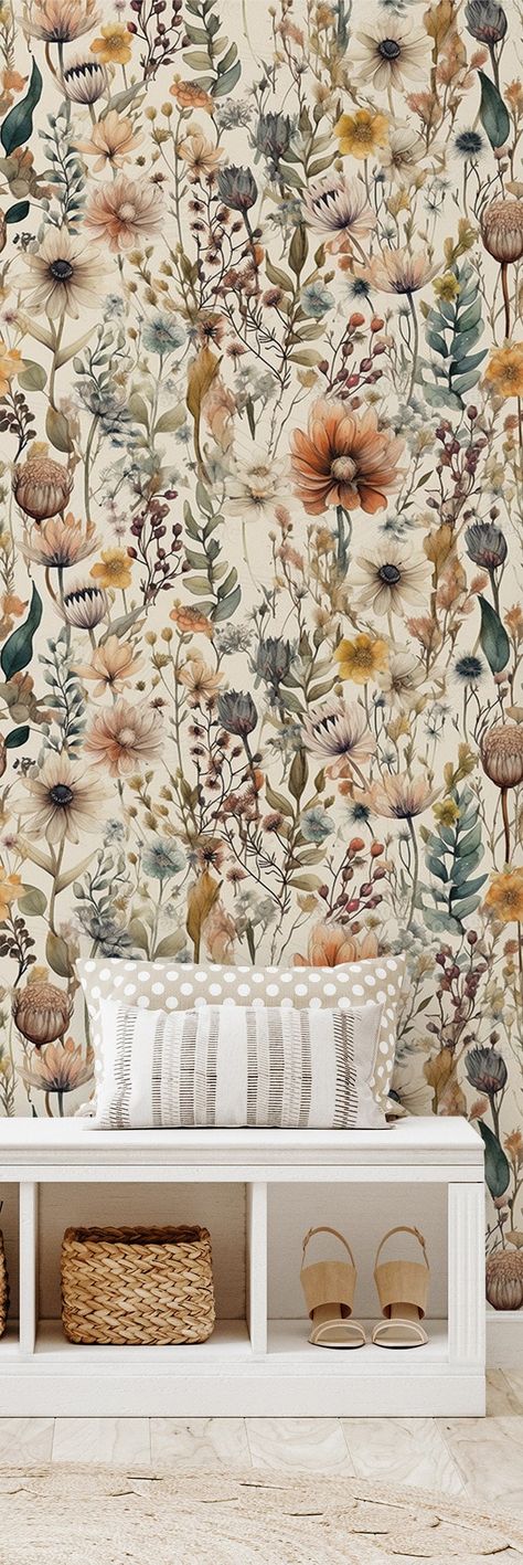 Watercolor Floral Boho Wallpaper Floral Wall Decor Home Renovation Wall Art Peel and Stick or Non Self-adhesive Vinyl Wallpaper - Etsy Boho Wallpaper Dining Room, Boho Chic Accent Wall, Boho Living Room Wallpaper, Wallpaper Accent Wall Kitchen, Kitchen Wallpaper Ideas Accent Wall, Neutral Boho Wallpaper, Floral Bathroom Wallpaper, Boho Floral Wallpaper, Floral Boho Wallpaper