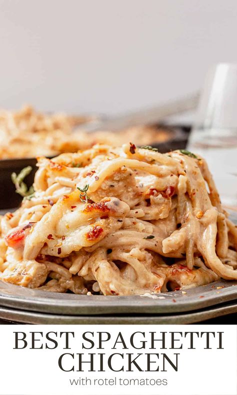 This spaghetti chicken recipe is a hearty dish featuring al dente cooked pasta and tender chicken seared in herbs, covered in a smooth and creamy sauce, and topped with melted cheese. It's the ultimate comfort food that will easily become a family favorite. Chicken Spaghetti Recipe No Canned Soup, Healthier Chicken Spaghetti, Chicken Spaghetti Rotel Velveeta, Chicken In Spaghetti Sauce, Chicken Spaghetti Without Rotel, Canned Chicken Spaghetti Recipes, Chicken Spaghetti Cream Cheese, Chicken Spaghetti Recipe Stovetop, Healthy Chicken Spaghetti Recipe