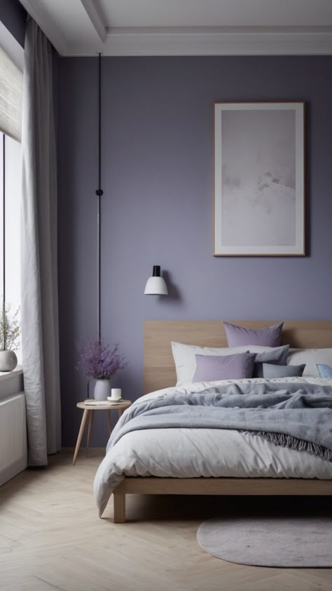 Lavender, Violet and Columbia blue Colors | Interior Design Ideas #modernbedroom #masterbedroom #minimalisticbedroom #canvaswallart #purpledecor #lavenderdecor #interiordesignideas ai design Lavender Interior Bedroom, Room Color Ideas Purple, Lila Bedroom Ideas, Bedroom Lavender Walls, Lavender Room Paint, Purple Grey Walls, Light Purple Walls Bedroom, Violet Bedroom Walls, Two Colour Combination For Bedroom Walls