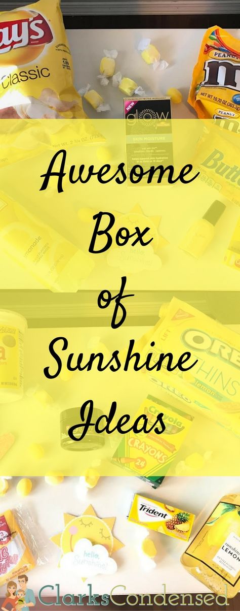 Love this sweet idea to send someone a box of sunshine! Yellow Gifts Ideas, Get Well Box Care Packages, Basket Of Sunshine Ideas, Yellow Things Gifts, Thinking Of You Basket Gift Ideas, Thinking Of You Gift Ideas, Sunshine Basket Ideas, Thinking Of You Gifts Care Packages, Thinking Of You Gifts