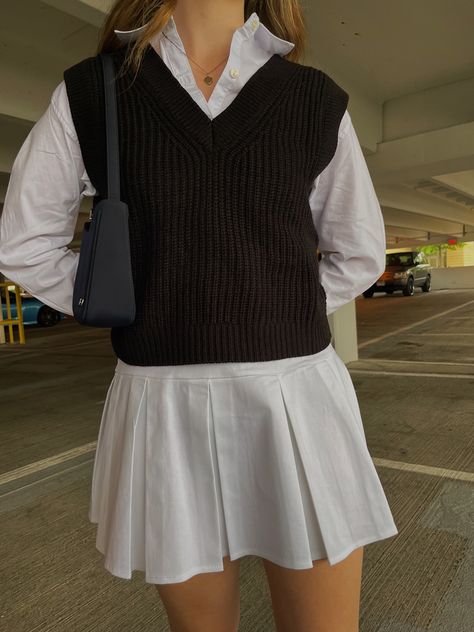 cute sweater vest outfit with button-up and tennis skirt White Button Up Outfit Winter, Sweater Vest Outfit With Loafers, Collared Sweater Vest Outfit, Black Vest Sweater Outfit, Tennis Skirt Formal Outfit, Button Up Shirt Vest Outfit, Button Up With Vest Outfit, White Button Up With Vest, Button Up And Vest Outfit