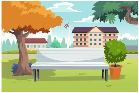 In the park overlooking the school in th... | Premium Vector #Freepik #vector #yard #summer-garden #beautiful-garden #garden-background School Garden Drawing, School Yard Background, Garden Cartoon, Cat Animation, Animation Schools, Cartoon Garden, Classroom Background, Garden Background, 심플한 그림