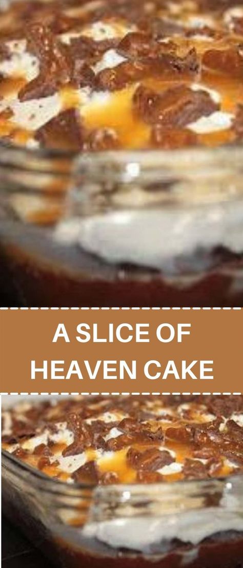 Ingredients: 1 package devil’s food chocolate cake or german choc. cake mix 1 14oz can sweetened condensed milk 1 jar caramel topping 1 8oz tub cool whip 4-5 s Slice Of Heaven Cake, Heaven Cake, Cake Mix Desserts, Poke Cakes, Slice Of Heaven, Caramel Topping, Cake Mix Recipes, Candy Bars, Cool Whip