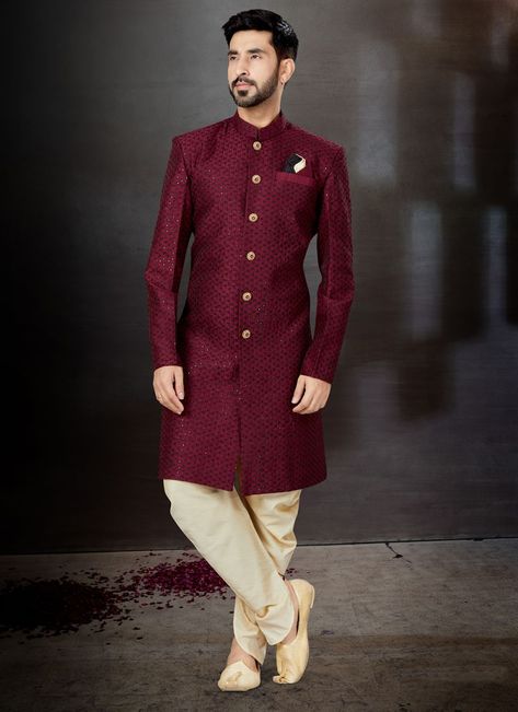 Jacquard Indo Western Sherwani in Wine