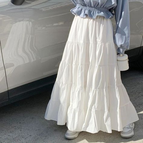 MIKIGA - Elastic Waist Tiered Maxi Skirt | YesStyle Tired Maxi Skirt, Maxi Skirt Cottagecore, Cute Long Skirt Outfits For Summer, White Skirt Maxi, Styling Maxi Skirt Summer, Japanese Maxi Skirt Outfit, White Long Skirts, White Tiered Maxi Skirt, White Cotton Long Skirt