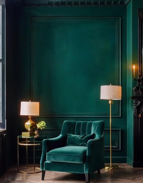 Dark Aesthetic Living Room, Dark Teal Interior, Teal Living Room Ideas, Aesthetic Living Room Ideas, Office Bedroom Ideas, Dark Living Room Ideas, Dark Living Room, Dark Accent Walls, Teal Interiors