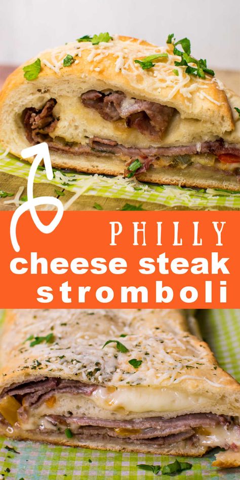 Steak Calzone Recipe, Cheese Steak Stromboli Recipe, Steak Stromboli Recipe Easy, Roast Beef Stromboli, Stromboli With Frozen Bread Dough, Philly Cheese Steak Stromboli, Philly Cheese Steak Stromboli Recipe, Frozen Bread Dough Recipes Ideas, Beef Stromboli