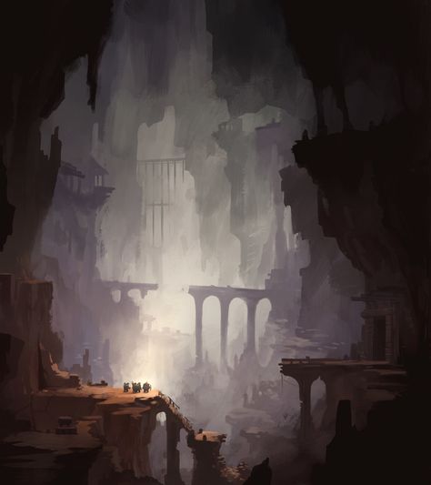 ArtStation - Caves and Ruins, Nikolaj Mårbjerg Severin Ancient City Ruins Concept Art, Cave Ruins Concept Art, Dwemer Ruins Concept Art, Abandoned Underground City Fantasy Art, Underground Ruins Fantasy Art, Fantasy Underground Ruins, Fantasy Ruins Art, Fantasy Cave Art, Cave City Fantasy Art