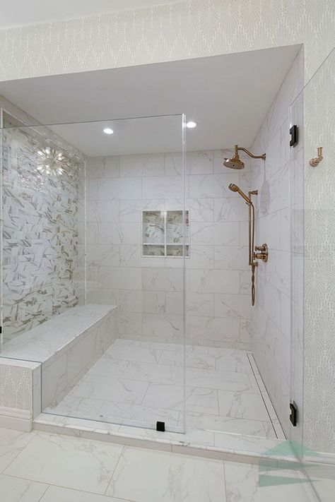 Large Shower With Bench Walk In, Open Shower With Bench, Bump Out Shower Addition, Large Shower With Bench, Large Walk In Showers Master Suite Tile, Large Tile Shower Ideas Walk In With Seat, Large Master Shower Walk In, 2 Shower Heads Walk In, Master Shower Ideas With Bench