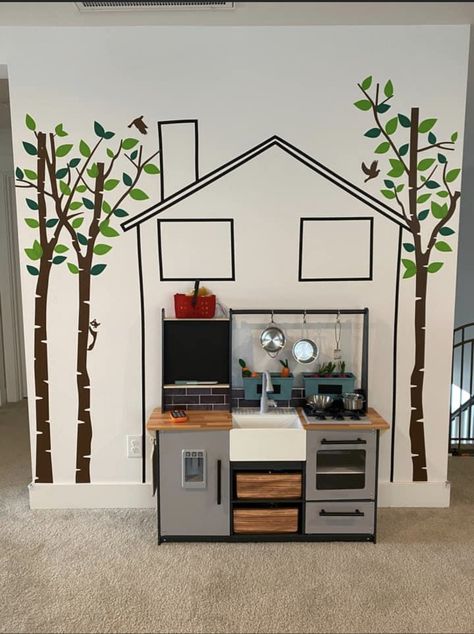 Pre K Room Decor Ideas, Hallway Play Area, Preschool Daycare Rooms Ideas, Cozy Area Ideas Preschool, Paint House On Wall Playroom, Montessori Play Cafe, Preschool Room, Playroom Town Ideas, Ikea Kids Kitchen Hack Cafe