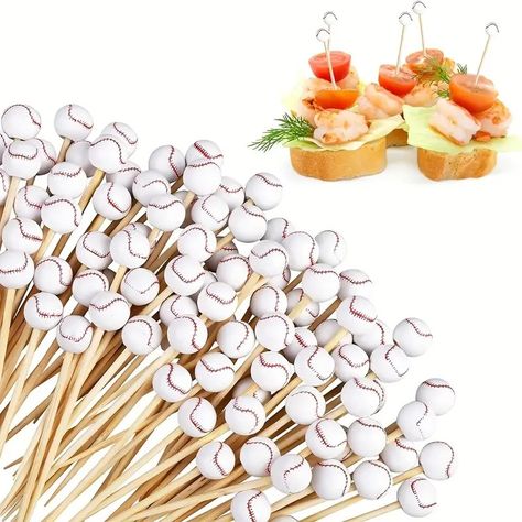 Baseball Bamboo Cocktail Picks Decorative Wooden Skewers - Temu Baseball Theme Baby Shower Ideas, Baseball Centerpiece Ideas, Baseball Centerpieces, Bamboo Cocktail, Baseball Centerpiece, Sandwich Buffet, Cocktail Skewers, Themed Centerpieces, Baseball Baby Shower Theme