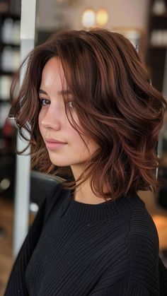 Going From Brown To Red, Red Tone Brunette Hair, Medium Tone Hair Color, Red Brown Short Hair Color, Red Toned Brunette Hair, Dark Short Hair Ideas, Deep Dimensional Brunette, Short Red Hair Women, Dark Brown Skin Hair Color Ideas