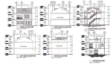 The AutoCAD house building design that shows a longitudinal section and cross-section. also has front elevation, rear elevation, right-left side elevation design with centerline detail and dimension. download 2 storey house building design DWG file. Section Details Architecture, Section And Elevation Architecture, Elevation Plan Architecture Drawing, Rear Elevation Design, Sections And Elevations, Elevation Plan Architecture, Longitudinal Section Architecture, Elevation Plan Drawing, Side Elevation Designs For House