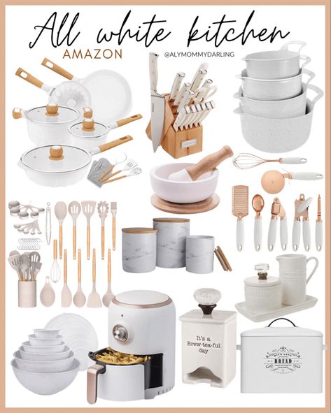 All white kitchen appliances, decor, white boho kitchen accessories. Farmhouse decor, white farmhouse kitchen decorations. Midcentury kitchen, midcentury modern kitchen accessories. Download the LIKEtoKNOW.it shopping app to shop this pic via screenshot. #liketkit #StayHomeWithLTK #LTKhome #LTKSeasonal @liketoknow.it @liketoknow.it.home http://liketk.it/3apgv White Kitchen Supplies, White Cooking Utensils, Beige Kitchen Utensils, Kitchen Midcentury Modern, Cookware Set White, Kitchen Midcentury, White Kitchen Accessories, White Kitchen Utensils, Midcentury Modern Kitchen