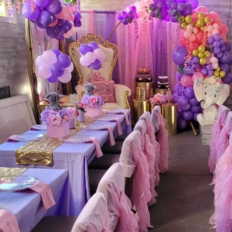 Pink Purple And Gold Table Setting, Pink Purple Gold Birthday Party, Pink Purple And Gold Birthday Party, Purple And Pink Party Decorations, Purple Gold Party Decorations, Pink And Purple Birthday Party, Baby Birthday Balloon, Pink Purple Party, Event Decor Ideas