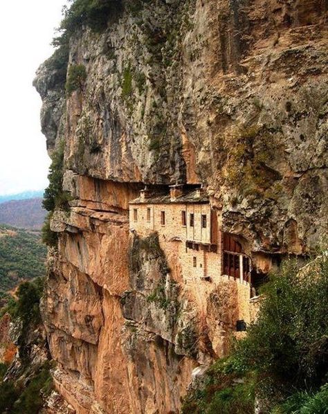 house built inside rock cliff Cliff Side, Church Icon, Patras, Underground Homes, Unusual Homes, To Infinity And Beyond, Macedonia, Oh The Places Youll Go, Old House