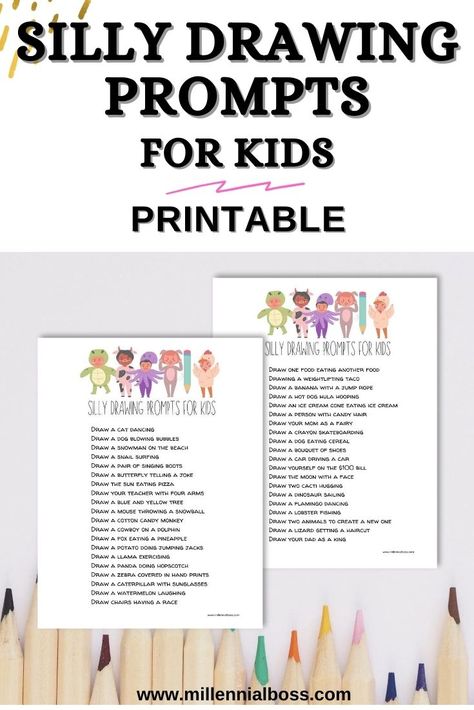 Use this silly drawing prompts for kids printable to start a new drawing habit or to have a sillier day filled with drawing and crafts! Sketchbook Prompts Elementary, Kids Drawing Challenge, Sketchbook Prompts For Kids, Silly Drawing Prompts, Kids Drawing Prompts, Art Prompts For Kids, Kids Drawing Games, Drawings Prompts, Drawing Challenge For Kids