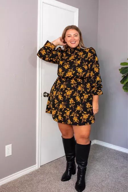 Dress With Knee High Boots Plus Size, Brown Knee High Boots Outfit Plus Size, Plus Size Tall Boots Outfits, Torrid Outfits 2023, Plus Size Knee High Boots Outfits, Knee High Boots Outfit Plus Size, Wide Calf Boots Outfit, Cowgirl Boots And Dress Outfit, Plus Size Knee High Boots