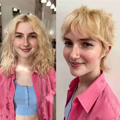 Shaggy Pixie Mullets Are Hot Right Now - Here Are 29 Great Examples Feminine Mullet Shag Short, Mixie Pixie Mullet, Pixie Haircut With Long Bangs, Pixie Wolf Cut, Short Hairstyling, Queer Haircut, Pixie Mullet, Shaggy Pixie Cuts, Shaggy Pixie