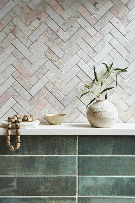 These pink Aegean herringbone marble mosaic tiles blend the distinctive herringbone pattern with the opulence of pink marble to create a stunning look. Pair with green tiles to create a bold statement space. Marble Mosaic Shower Wall, Pink Herringbone Tiles, Pink Ensuite, Harringbone Tile, Bathroom Feature Wall Tile, Marble Herringbone Tile, Herringbone Tile Pattern, Bathroom 2024, Herringbone Tile Floors