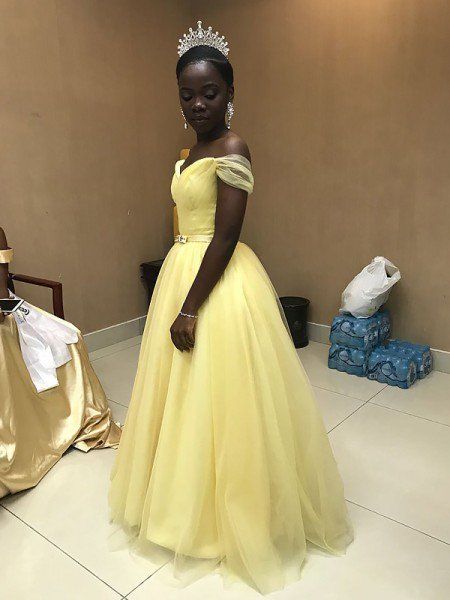 A-Line/Princess Off-the-Shoulder Sleeveless Floor-Length Sash/Ribbon/Belt Tulle Dresses Inexpensive Prom Dresses, Tulle Dresses, Designer Party Dresses, Princess Sleeves, Prom Dresses 2021, Ribbon Belt, Gown Prom, Tulle Prom Dress, Yellow Fabric