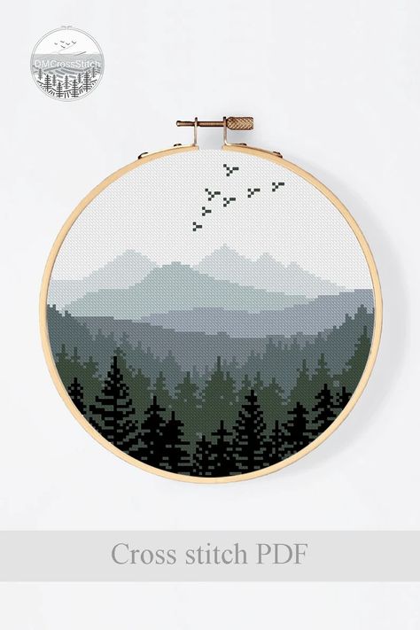 Nature Modern Cross Stitch Pattern PDF, Landscape Counted Cross Stitch Chart, Mountains Foggy, Forest, Hoop Art Embroidery, Digital Download - Etsy Ukraine Hoop Art Embroidery, Mountains Forest, Pattern Landscape, Embroidery Hoop Wall Art, Xstitch Patterns, Cross Stitch Landscape, Nature Cross Stitch, Cross Stitch Tree, Embroidery Template