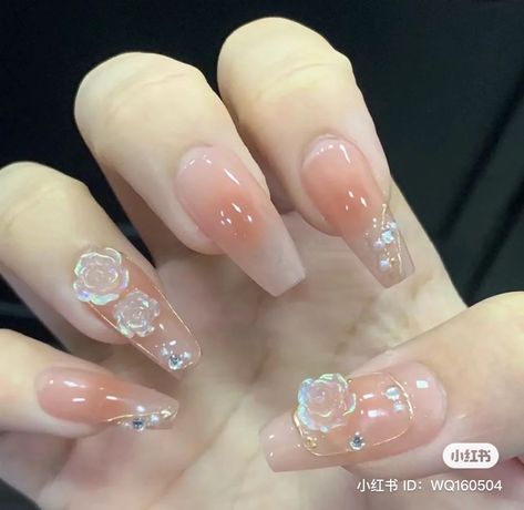 #nails #nailart #naildesign Korean Crystal Nails, Diy Rhinestone Nails, Lily Nails, Cute Pink Nails, Black Acrylic Nails, Asian Nails, Glow Nails, Blush Nails, Classy Acrylic Nails