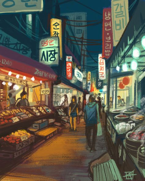 Market Scene Drawing In Perspective, Market Place Drawing, Night Market Illustration, Anime Market, Ap Designs, Night Scenes, Drawing Scenery, Perspective Drawing Architecture, Japan Painting