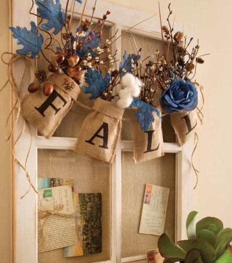 There's no going wrong when it comes to burlap, flowers, and rustic foliage. This DIY Fall Burlap Bag and Floral Garland gorgeously proclaims seasons greetings. Diy Fall Garland, Burlap Garland, Burlap Projects, Fall Banner, Diy Burlap, Fall Garland, Fall Deco, Burlap Crafts, Fall Decoration