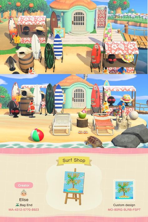 Animal Crossing Surf Shop Ideas, Acnh Surf Shop Ideas, Acnh Surf Shop Design, Shop Sign Animal Crossing, Acnh Surf Shop, Sign Animal Crossing, Acnh Signs, Acnh Guide, Acnh Summer