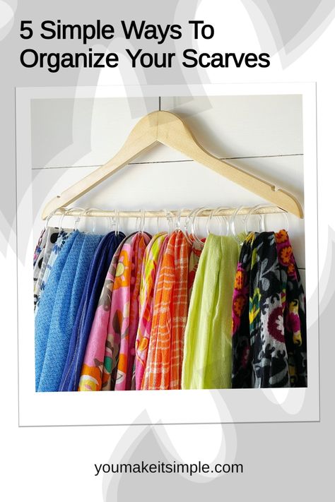 Knowing how to organize and store your scarves can be a bit challenging. In this tutorial, I am going to show you 5 simple and INEXPENSIVE ways to organize all your scarves.rnrn#scarforganization #diyscarfholder #scarfkeeper #scarfhanger #diyscarfhangers #repurposedhangers #closetorganizerideas #scarfsorter #scarves #dollartreehacks Diy Scarf Organizer, Ways To Store Scarves, Best Way To Store Scarves, Scarf Storage Ideas, Diy Scarf Holder, Diy Scarf Hanger, Scarf Hangers, Decluttering Clothes, How To Store Scarves