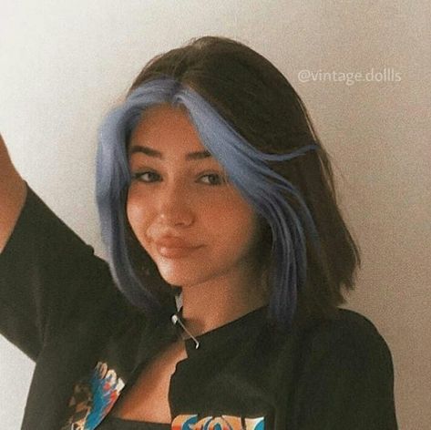 Hair Dye Shoulder Length, Blue And Brown Short Hair, Pastel Blue Hair Highlights, Short Wavy Hair Dye Ideas, Cute Short Hair Colors, Underneath Dyed Hair Short, Short Brown Hair With Color, Half Long Half Short Hair, Purple Hair Highlights Short