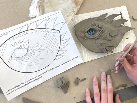 Dragon Eye Clay Sculptures | Ms. Amsler's Artroom Dragon Eye Ceramic, Air Dry Clay Art Lessons, Air Dry Clay Projects For Middle School, Middle School Ceramics Lessons, Dragon Eye Clay Art, Fantasy Art Projects, Dragon Eyes Clay, Dragon Eye Craft, Dragon Eye Sculpture