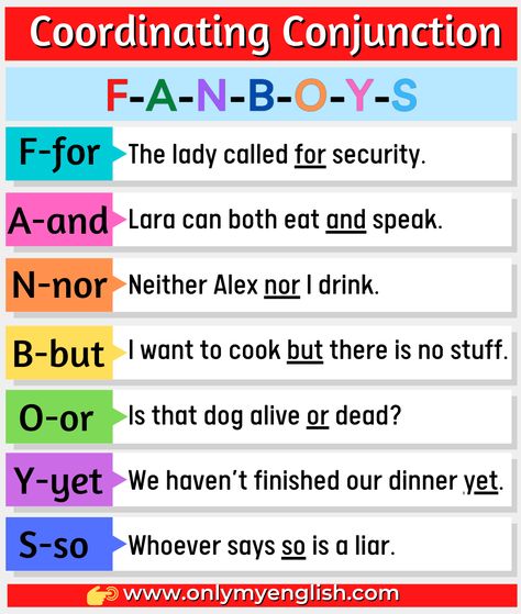 Coordinating Conjunction FANBOYS | Examples & List Fanboys Conjunctions, Teaching Conjunctions, Conjunctions Anchor Chart, Conjunctions Worksheet, Teas Test, Connecting Words, English Desk, Grammar Notes, Coordinating Conjunctions