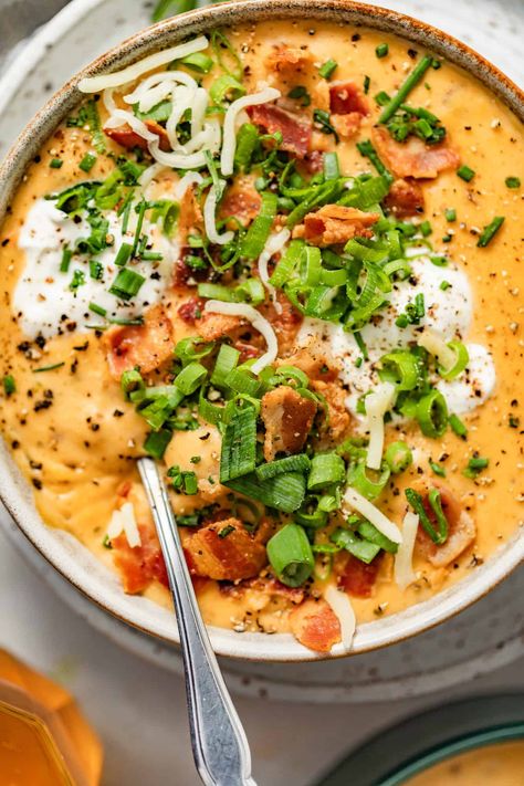 Half Baked Harvest Potato Soup, Half Baked Harvest Soup, Ocharleys Loaded Potato Soup, Loaded Baked Potato Soup Recipe, Loaded Baked Sweet Potato, Cozy Soup, Loaded Potato Soup, Loaded Baked Potato, Loaded Baked Potato Soup