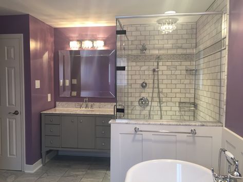 Purple and gray marble bathroom Purple Farmhouse Bathroom, Purple And Gray Bathroom Ideas, Lavender And Grey Bathroom Ideas, Purple And Grey Bathroom Ideas, Purple And Grey Bathroom, Purple And Gray Bathroom, Plum Bathroom Ideas, Black Grey Bathroom, Gray And Purple Bathroom