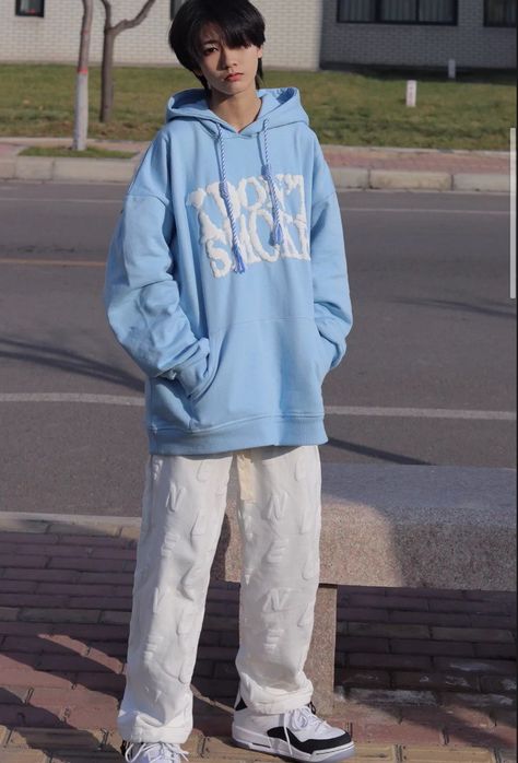 Light Blue Male Outfit, Pastel Boy Outfit, Blue Hoodie Outfit, Korean Style Boy, Boys Aesthetic Outfits, Korean Hoodie, Sweater Outfits Men, Boys Winter Clothes, Hoodie Outfit Men