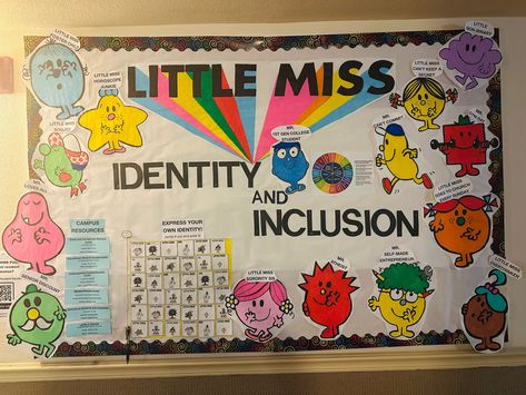 RA bulletin Board, featuring Mr. Men and Little Miss characters. Used to explain identity and inclusion topic, diversity and more! #bulletinboardideas #bulletin #RA #residential #Identity #inclusión #diversity #reslife Student Affairs Office Decor, Ra Bulletin Boards Inclusion, Ra Inclusion Bulletin Board, Lgbtq Ra Bulletin Board, Identity Ra Bulletin Board, New Year New Me Bulletin Board, Diversity Events College, Roommate Ra Bulletin Board, Ra Bulletin Boards Diversity