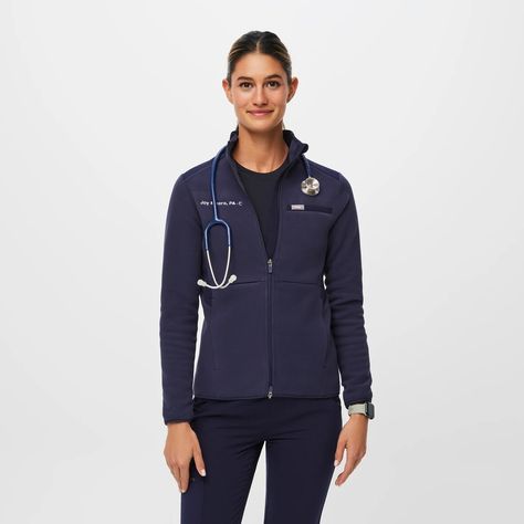 Women's On-Shift Fleece Jacket™ - Navy · FIGS Nursing Jackets, Nurse Inspiration, 2024 Wishlist, Scrubs Uniform, Medical Outfit, Scrub Jackets, Weather Patterns, Womens Scrubs, Women's Jackets