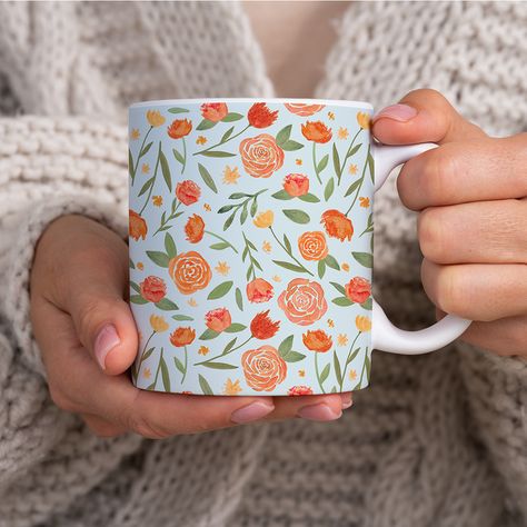 Burnt Orange Floral Pattern - Mug – Lauren Ullrich Art Spring Mugs, Pumpkin Pottery, Ceramic Cafe, Diy Pottery Painting, Orange Mugs, Perfect Cup Of Coffee, Spring Watercolor, Diy Mugs, Pottery Painting Designs