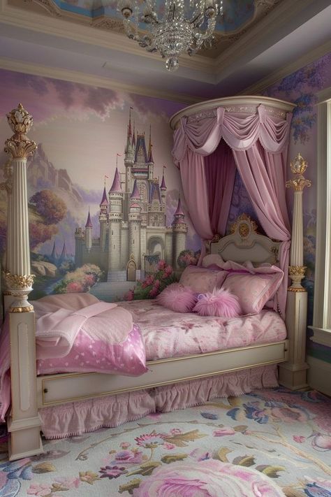 🌹This Decor is Beyond Stunning Princess Theme Bedroom, Pink Kids Bedrooms, Cuartos Aesthetic, Disney Princess Bedroom, Purple Pictures, Princess Room Decor, Bedroom Wall Decor Ideas, Royal Bedroom, Bedroom Ideas Inspiration