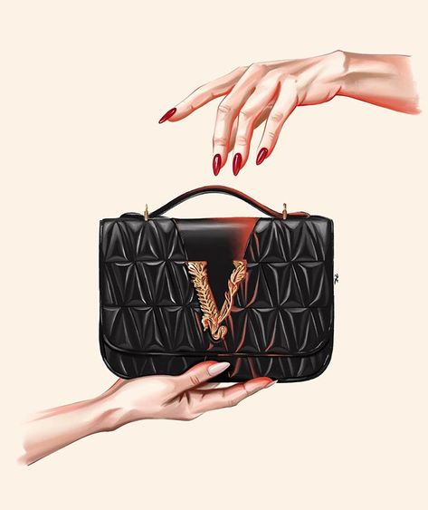 Versace Drawing, Gucci Bags Handbags, Satin Flowers Diy, Balmain Shoes, Versace Bag, Bag Illustration, Mens Fashion Illustration, Fashion Artwork, Dior And I