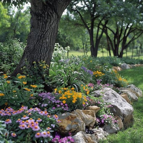 Gardens Around Trees, Tree Base Landscaping Ideas, Planter Around Trees Raised Beds, Yard Island Landscaping Ideas, Flower Bed With Tree, Tree Garden Bed, Raised Beds Around Trees, Treeline Landscaping, How To Landscape Around A Tree