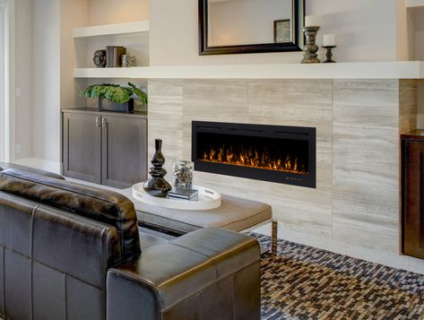 Linear In Wall Electric Fireplaces | Stylish Fireplaces Recessed Fireplace, Fireplace Video, Recessed Electric Fireplace, Fireplace Heat, Modern Flames, Fireplace Doors, Linear Fireplace, Electric Fireplaces, Electric Fireplace Insert