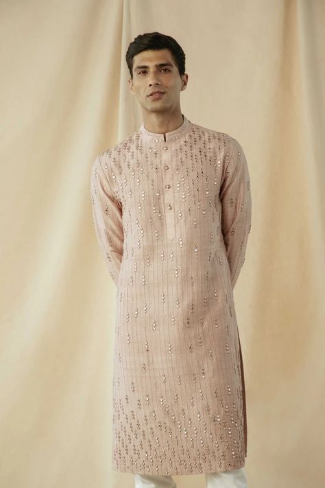 Indian Menswear, India Fashion Men, Mirror Work Kurta, Peach Mirror, Indian Wedding Clothes For Men, Wedding Kurta For Men, Groom Dress Men, Indian Groom Wear, Wedding Dresses Men Indian